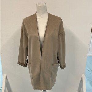 Joan Vass Taupe Open-Front Faux Suede Blazer